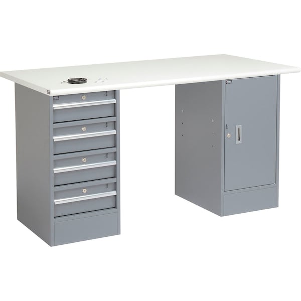 Global Industrial 60inW x 30inD Pedestal Workbench, 4 Drawers & Cabinet, ESD Safety Edge, Gray 607626 - main